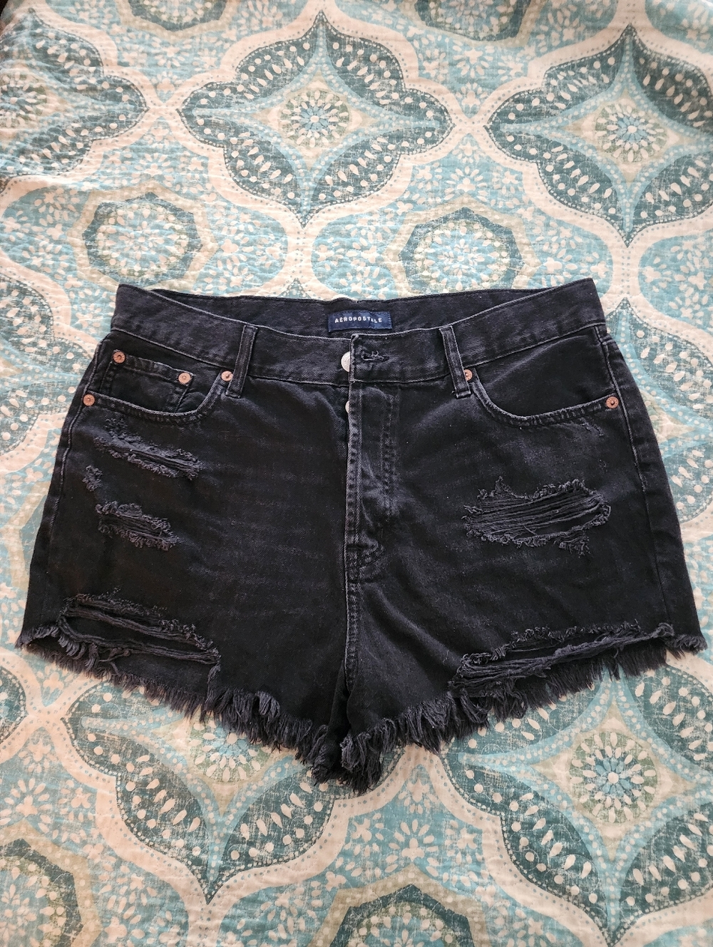 Aeropostale Button Fly Black Distressed Denim Jean Shorts 12